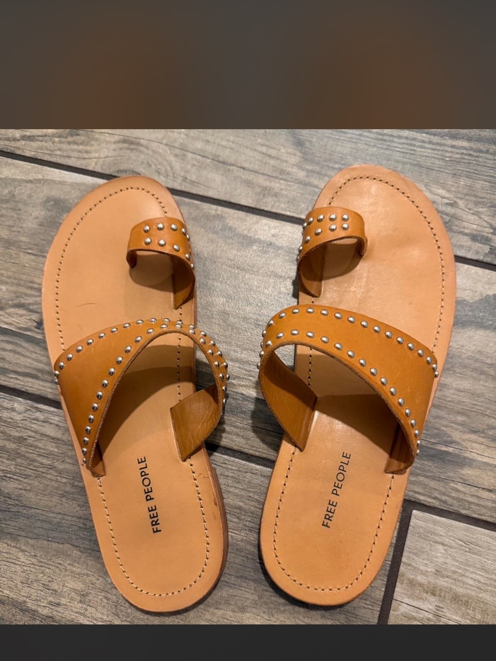Free People Amelie Tan Studded Toe Loop Leather Slide Sandals